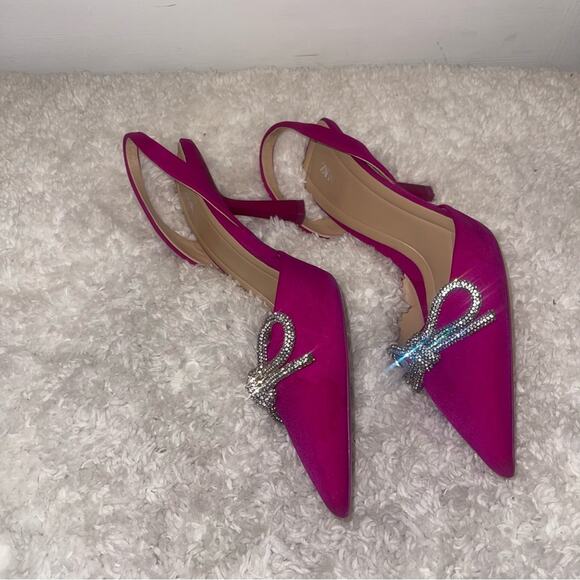 Zara Pink Slingback Heel Satin Effect Rhinestone Bow Shoes - Picture 7 of 9